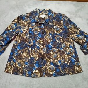 Christopher & Banks Shacket Ladies M  Brown/Blue Floral 3/4 Sleeve Classic